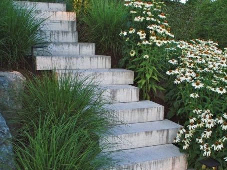 Newly poured smooth concrete outdoor stairs leading to a backyard, surrounded by lush greenery and white flowers. The stairs are clean and well-finished, with a sleek surface. The surrounding plants and flowers create a vibrant and welcoming atmosphere.